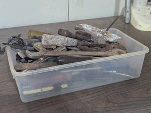 Tote of Mixed Hand Tools - WrenchesSnipsScrewdrivers and More