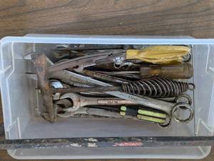 Tote of Mixed Hand Tools - WrenchesSnipsScrewdrivers and Pry Bar