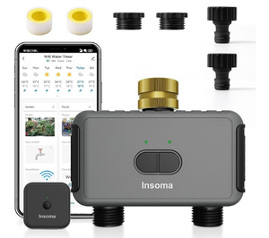 lot 104 image: Insoma Smart Hose Watering Timer with Wi-Fi Hub, Sprinkler Timer with 2 Outlet, (Brass Inlet & Plastics Outlet) (Used)