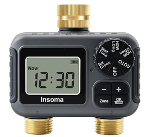 lot 110 image: Insoma 2-Zone Water Timer Brass InletOutlet, Programmable Outdoor Hose Faucet Timers with AutoManual Modes  Rain Delay, Waterproof Sprinkler Timer for Garden, Lawn, Yard, Pool  Save Water & Money (Used)