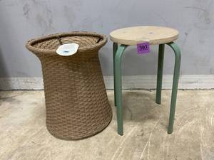 lot 303 image: LOT OF 2 Stool & Accent Table (Missing Top To Table, Can Be Used For Storing)