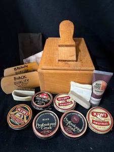 lot 10 image: Kiwi Shoe Polish Assortment in Wooden Box - Black & Neutral Polishes & Brushes