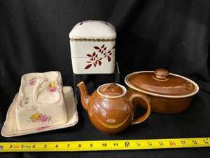 lot 24 image: Ohio Pottery Teapot & Casserole - Brown Glaze, 337 Mark, Antique Cheese Dish and Asian Ceramic Box