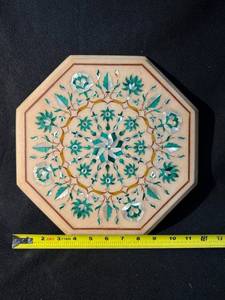 lot A-30 image: Octagonal Inlaid Marble Table Top with Teal-Green Mother-of-Pearl Floral