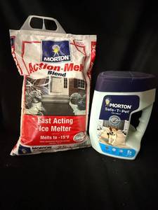 lot 75 image: Morton Ice Melters - Fast Acting Ice Melter 25 lb Bag & Safe-T-Pet Ice Melt 8 lb Jug