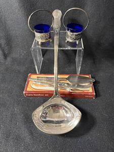 lot 93 image: Silver Plate Soup Ladle with Two Cobalt Blue Salt Cellars & 3-Piece Cheese Utensil Set