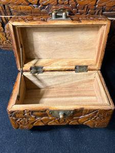 lot 97 image: Carved Wood Jewelry Box Set, 3-Piece Nested Boxes with Brass Hardware