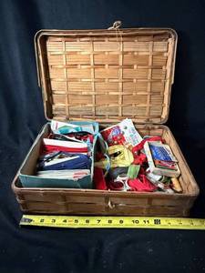 lot 105 image: Vintage Wicker Sewing  Basket With Assorted Ephemera, Ribbons And Cards - 11.5 Inches Long