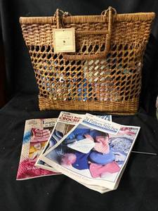 lot 111 image: Woven Wicker Crochet Basket with Yarn & Pattern Books