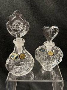 lot 116 image: Bohemia Lead Crystal Perfume Bottles - Rose & Heart Stoppers