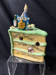lot 125 image: Blue Sky Clayworks Ceramic Birthday Cake Sculpture with Owl Topper Heather Goldminc