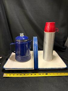 lot 127 image: Blue Enamelware Teapot Kettle Set with Thermos and Enamelware Tray - Vintage Kitchen Collectible