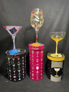 lot 136 image: Lolita Cocktail Glasses - Lot of 3 Colorful Bead-Decorated Stemware on Tin Display