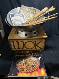 lot 138 image: WOKCRAFT Wok Set - Dome Lid, Wooden Handles & Cookbook