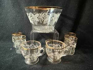 lot 172 image: Bartlett Collins Grapevine Etched Crystal Centerpiece Bowl with Gold Rim, Creamer & Sugar with Matching Glasses