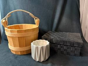 lot 179 image: Wooden Bucket with Rope Handles - Gray Ribbed Planter - Black Woven Storage Box - 3-Piece Decor Set