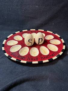 lot 190 image: Deviled Egg Plate with Salt & Pepper Shakers Eggs - Just One More