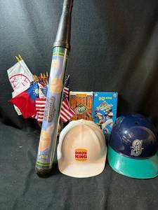 lot 193 image: 1991 World Series Memorabilia Collection - Burger King Hat, Mariners Helmet, Boxes & Flags