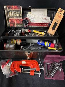 lot 204 image: Bicycle Repair Assorted Hand Tools in Metal Toolbox - Wrenches, Pliers, Clamp & Bike Rim Manual