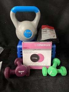 lot 207 image: Tone Fitness 10 lb Kettlebell - York 3 lb Dumbbell - Green 2 lb Dumbbell - Synergee Core Siders