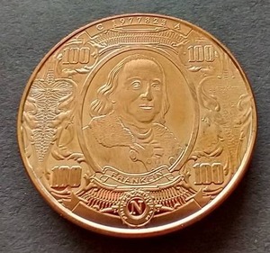 lot 5 image: Benjamin Franklin $100 Note Style 1 oz Copper Round