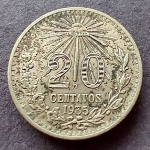 lot 25 image: 1935 Mexico Silver 20 Centavos