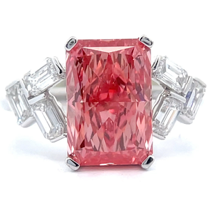lot 3 image: 4.44 Carat Fancy Pink & White Diamond Radiant & Baguette Art Deco Ring in 14k White Gold Retail $4,905 VIDEO