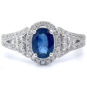 lot 20 image: Natural Blue Sapphire & Pav�Natural Diamond Halo Split Shank Ring in 14k White Gold VIDEO