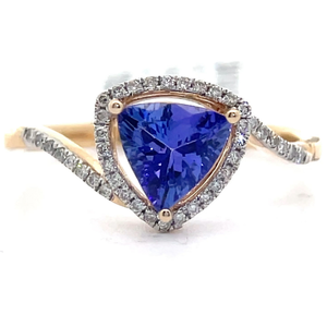 lot 22 image: 1 Carat Natural Tanzanite & Pav Natural Diamond Triangular Halo Ring in 14k Gold VIDEO