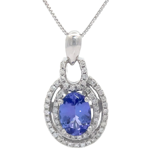 lot 24 image: Oval Natural Tanzanite & Natural Diamond Double Halo Pendant Necklace in 14k White Gold VIDEO