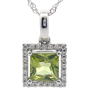 lot 43 image: 0.64 Carat Natural Peridot & Natural Diamond Square Halo Drop Pendant Necklace in 14k White Gold VIDEO