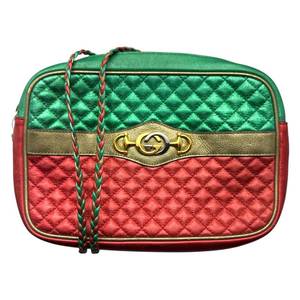lot 30A image: Gucci Green x Red x Gold Laminated Trapuntata Leather Braided Crossbody Bag Pre-Owned Retail $1,495