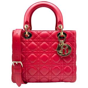 Christian Dior Medium Lady Dior Cannage Lambskin Bag in Cherry Red with Gold Hardware; Pre-Owned Retail $6,200
