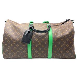 lot 10B image: Louis Vuitton Keepall Bandoulire 50 Monogram Canvas Travel Bag with Green Leather Straps Like-New Pre-Owned Retail $3,100