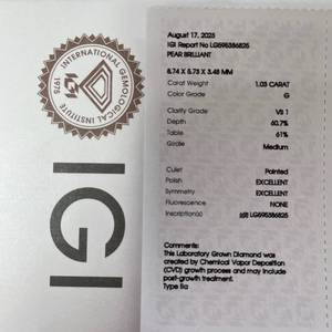 lot 18 image: 1.03 Carat G VS1 Lab-Grown Pear Brilliant Diamond  IGI Certified  $200 Setting Gift Certificate Retail $1,230