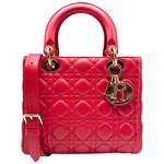 Christian Dior Medium Lady Dior Cannage Lambskin Bag in Cherry Red with Gold Hardware; Pre-Owned Retail $6,200