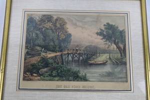 Antique Currier &amp Ives Hand-Colored Lithograph The Old Ford Bridge (1870)