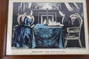 Hand-Colored Currier &amp Ives Lithograph Reading the Scriptures