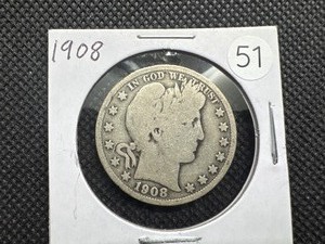lot 51 image: 1908 Silver Barber Half Dollar