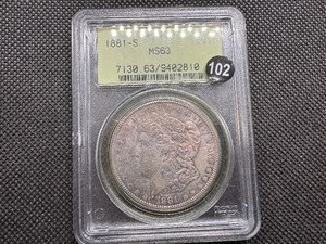 lot 102 image: 1881-S Nicely-Toned Silver Morgan Dollar PCGS MS63 - Beautiful Coin