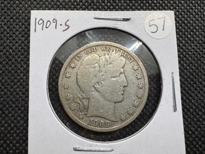 lot 57 image: 1909-S Silver Barber Half Dollar