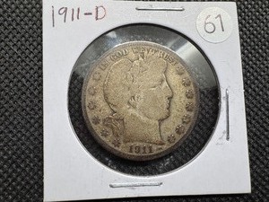lot 61 image: 1911-D Silver Barber Half Dollar