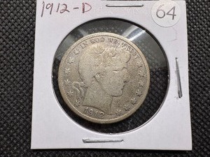 lot 64 image: 1912-D Silver Barber Half Dollar