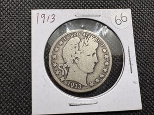 lot 66 image: Semi-Key Date 1913 Barber Half Dollar - Greysheet Wholesale Value for a VG8 is $95