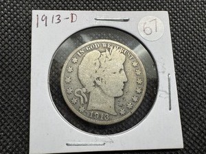 lot 67 image: Better Date 1913-D Silver Barber Half Dollar