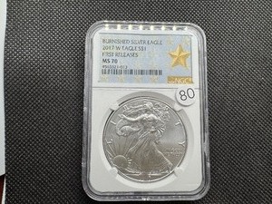 lot 80 image: 2017-W Burnished 1  Oz. Silver American Eagle NGC MS70  - Perfect Graded Coin - NGC Price Guide $130