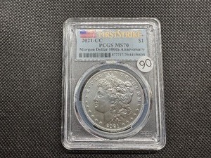 lot 90 image: Key Coin 2021-CC  Morgan Silver Dollar PCGS MS70 - Perfect Graded Coin -  PCGS Price Guide $350