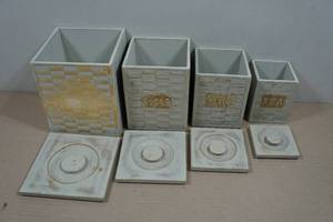 lot 114 image: Set of Four Vintage Style Distressed Wooden Canister Set - FlourSugarCoffeeTea