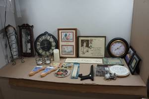 lot 215 image: Assorted Home Dcor - Wall Clocks, Wine Rack, Mirror, Candles, Frames