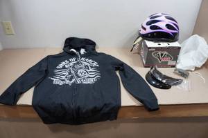 lot 308 image: Large Motorycycle Helmet and Sons of Anarchy Sweatshirt